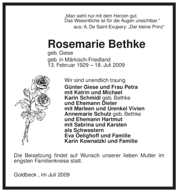 Traueranzeige von Rosemarie Bethke von ALLGEMEINE ZEITUNG UELZEN