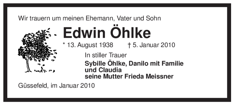  Traueranzeige für Edwin Öhlke vom 12.01.2010 aus ALLGEMEINE ZEITUNG UELZEN