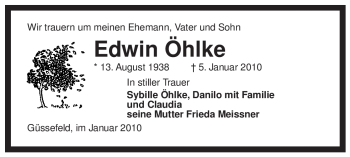 Traueranzeige von Edwin Öhlke von ALLGEMEINE ZEITUNG UELZEN