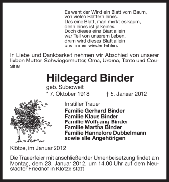 Traueranzeige von Hildegard Binder von ALLGEMEINE ZEITUNG UELZEN