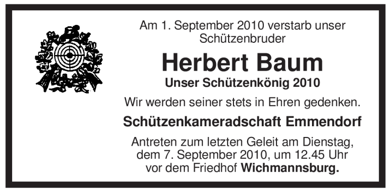  Traueranzeige für Herbert Baum vom 04.09.2010 aus ALLGEMEINE ZEITUNG UELZEN