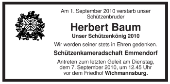 Traueranzeige von Herbert Baum von ALLGEMEINE ZEITUNG UELZEN