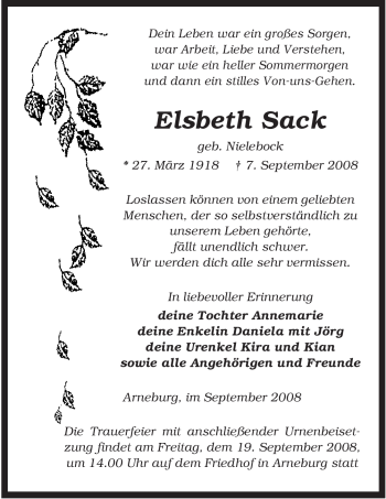 Traueranzeige von Elsbeth Sack von ALLGEMEINE ZEITUNG UELZEN