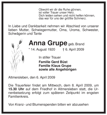 Traueranzeige von Anna Grupe von ALLGEMEINE ZEITUNG UELZEN