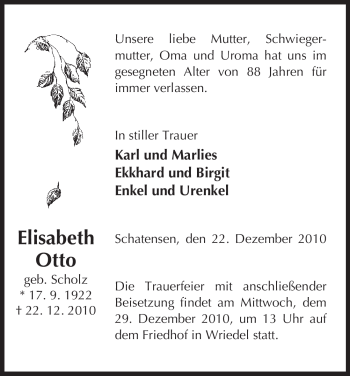 Traueranzeige von Elisabeth Otto von ALLGEMEINE ZEITUNG UELZEN