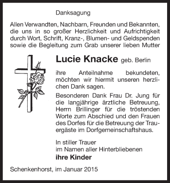 Traueranzeige von Lucie Knacke von Uelzen