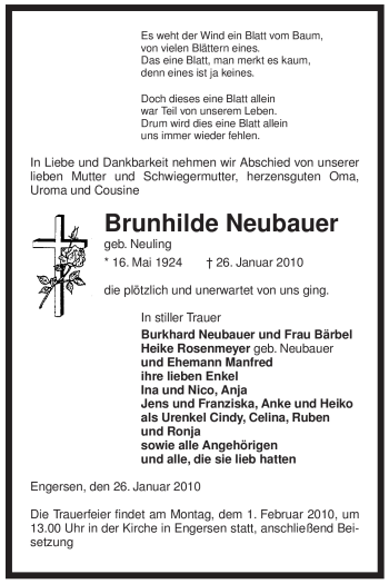 Traueranzeige von Brunhilde Neubauer von ALLGEMEINE ZEITUNG UELZEN