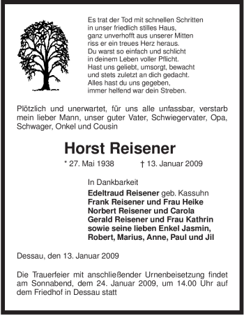 Traueranzeige von Horst Reisener von ALLGEMEINE ZEITUNG UELZEN