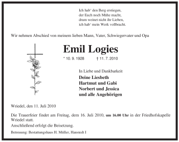 Traueranzeige von Emil Logies von ALLGEMEINE ZEITUNG UELZEN