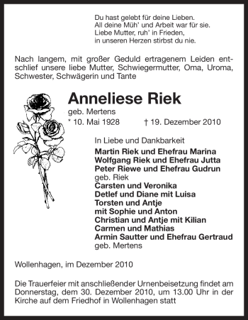 Traueranzeige von Anneliese Riek von ALLGEMEINE ZEITUNG UELZEN