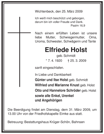 Traueranzeige von Elfriede Holst von ALLGEMEINE ZEITUNG UELZEN