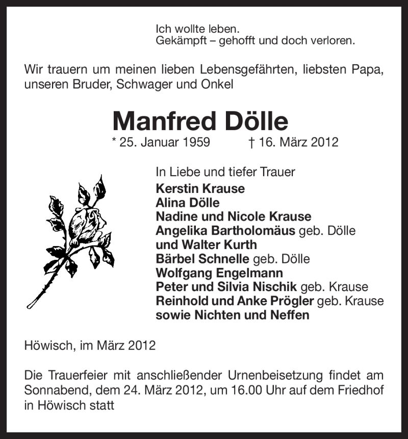  Traueranzeige für Manfred Dölle vom 21.03.2012 aus ALLGEMEINE ZEITUNG UELZEN