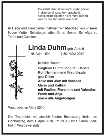 Traueranzeige von Linda Duhm von ALLGEMEINE ZEITUNG UELZEN