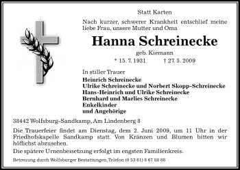 Traueranzeige von Hanna Schreinecke von ALLGEMEINE ZEITUNG UELZEN