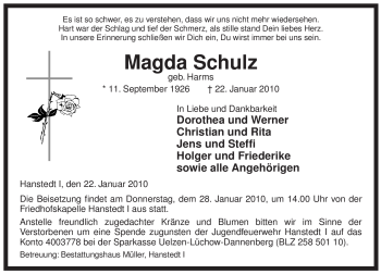 Traueranzeige von Magda Schulz von ALLGEMEINE ZEITUNG UELZEN