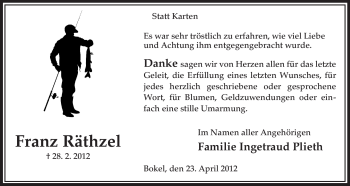 Traueranzeige von Franz Räthzel von ALLGEMEINE ZEITUNG UELZEN