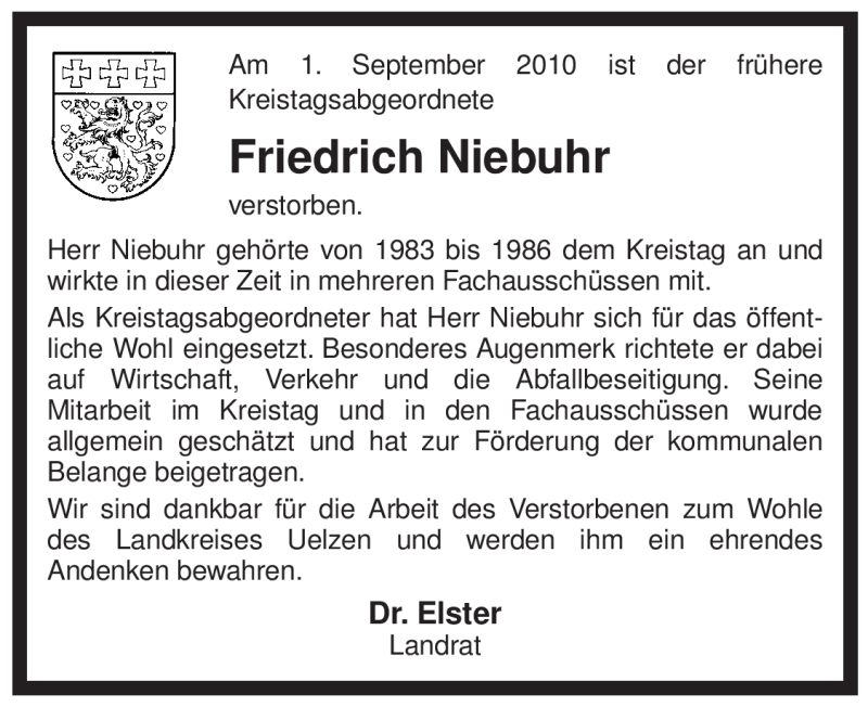  Traueranzeige für Friedrich Niebuhr vom 04.09.2010 aus ALLGEMEINE ZEITUNG UELZEN