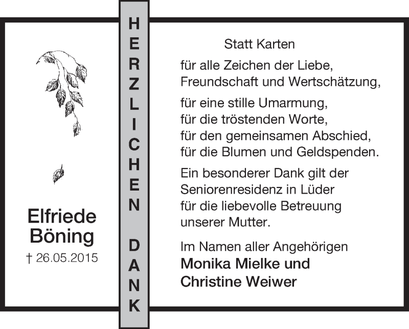  Traueranzeige für Elfriede Böning vom 20.06.2015 aus Uelzen
