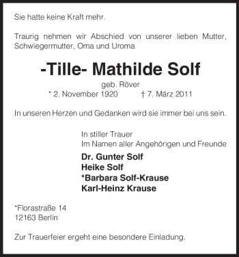 Traueranzeige von Mathilde Solf von ALLGEMEINE ZEITUNG UELZEN