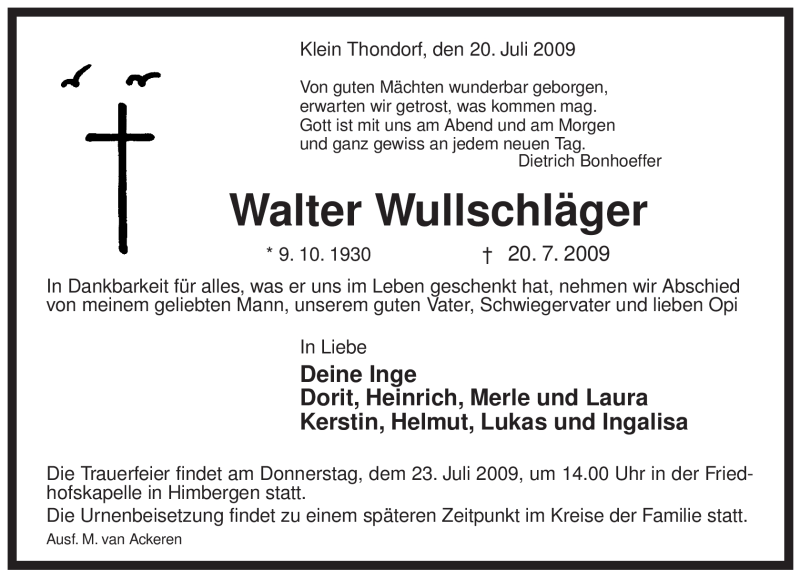  Traueranzeige für Walter Wullschläger vom 21.07.2009 aus ALLGEMEINE ZEITUNG UELZEN