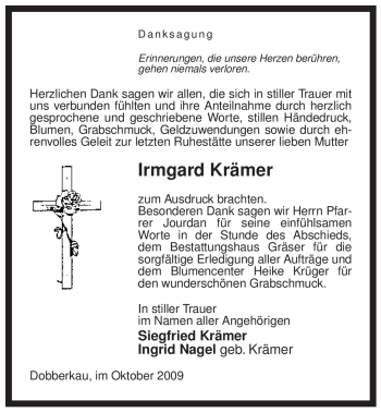 Traueranzeige von Irmgard Krämer von ALLGEMEINE ZEITUNG UELZEN