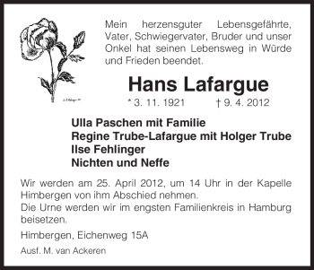 Traueranzeige von Hans Lafargue von ALLGEMEINE ZEITUNG UELZEN