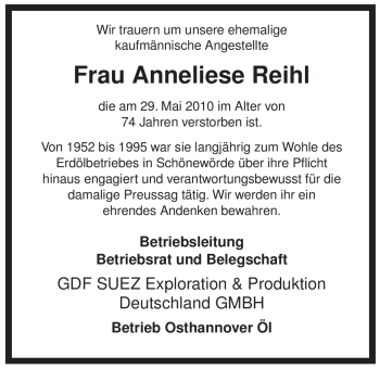 Traueranzeige von Anneliese Reihl von ALLGEMEINE ZEITUNG UELZEN
