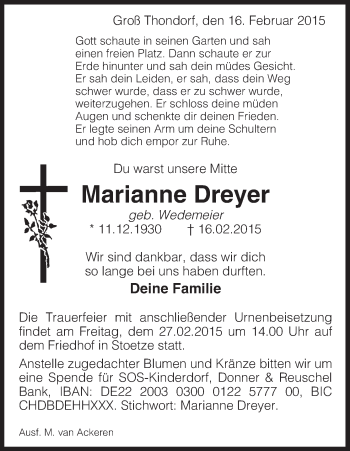 Traueranzeige von Marianne Dreyer von Uelzen