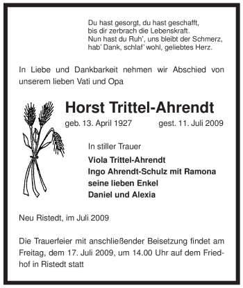 Traueranzeige von Horst Trittel-Ahrendt von ALLGEMEINE ZEITUNG UELZEN