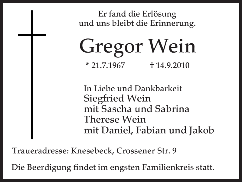  Traueranzeige für Gregor Wein vom 01.10.2010 aus ALLGEMEINE ZEITUNG UELZEN