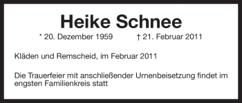 Traueranzeige von Heike Schnee von ALLGEMEINE ZEITUNG UELZEN