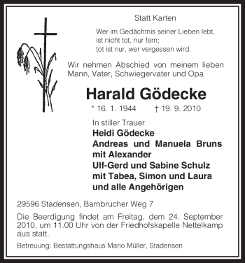 Traueranzeige von Harald Gödecke von ALLGEMEINE ZEITUNG UELZEN