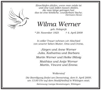 Traueranzeige von Wilma Werner von ALLGEMEINE ZEITUNG UELZEN