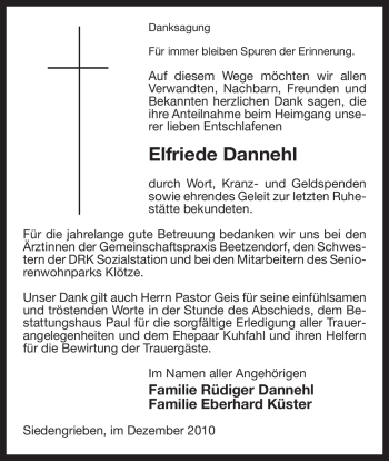 Traueranzeige von Elfriede Dannehl von ALLGEMEINE ZEITUNG UELZEN