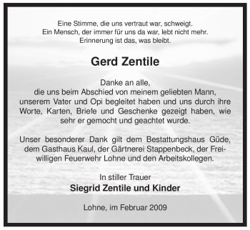 Traueranzeige von Gerd Zentile von ALLGEMEINE ZEITUNG UELZEN