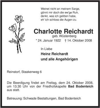 Traueranzeige von Charlotte Reichardt von ALLGEMEINE ZEITUNG UELZEN