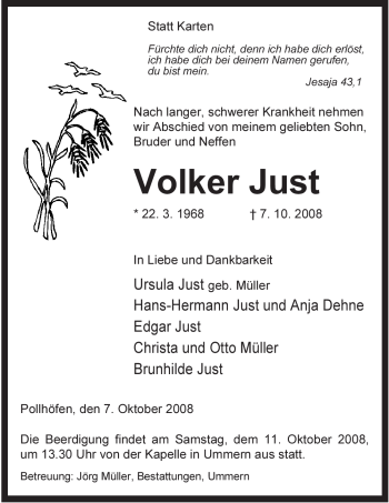 Traueranzeige von Volker Just von ALLGEMEINE ZEITUNG UELZEN