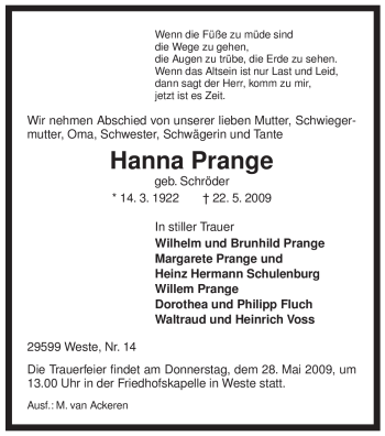 Traueranzeige von Hanna Prange von ALLGEMEINE ZEITUNG UELZEN