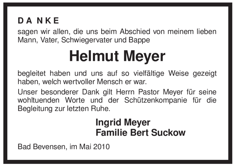  Traueranzeige für Helmut Meyer vom 08.05.2010 aus ALLGEMEINE ZEITUNG UELZEN