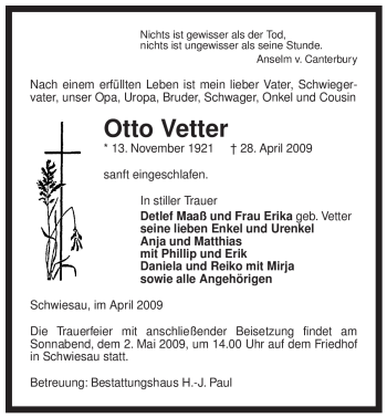 Traueranzeige von Otto Vetter von ALLGEMEINE ZEITUNG UELZEN