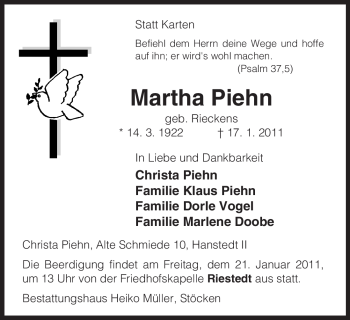 Traueranzeige von Martha Piehn von ALLGEMEINE ZEITUNG UELZEN