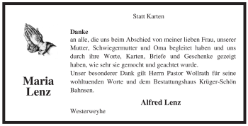 Traueranzeige von Maria Lenz von ALLGEMEINE ZEITUNG UELZEN