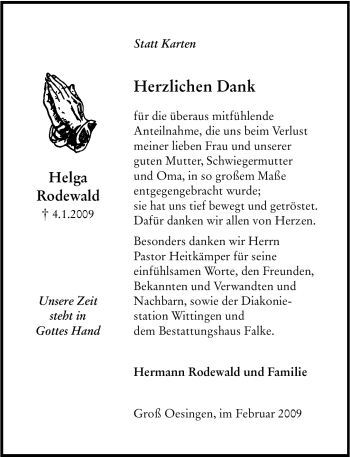 Traueranzeige von Helga Rodewald von ALLGEMEINE ZEITUNG UELZEN