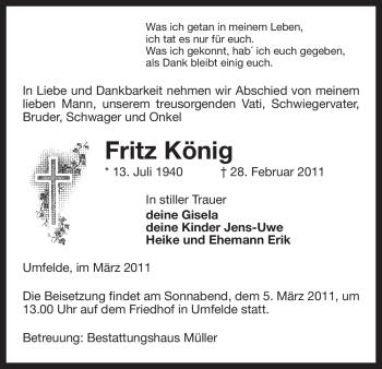 Traueranzeige von Fritz König von ALLGEMEINE ZEITUNG UELZEN