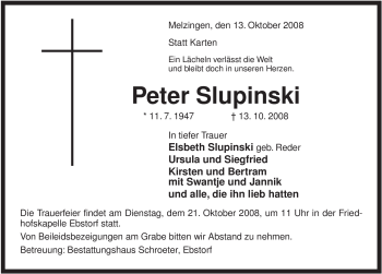 Traueranzeige von Peter Slupinski von ALLGEMEINE ZEITUNG UELZEN