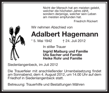 Traueranzeige von Adalbert Hagemann von ALLGEMEINE ZEITUNG UELZEN