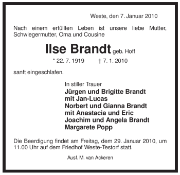 Traueranzeige von Ilse Brandt von ALLGEMEINE ZEITUNG UELZEN