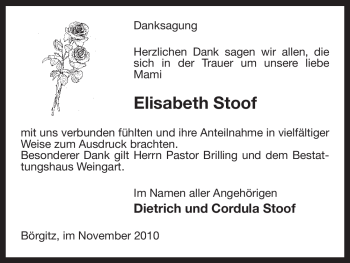 Traueranzeige von Elisabeth Stoof von ALLGEMEINE ZEITUNG UELZEN