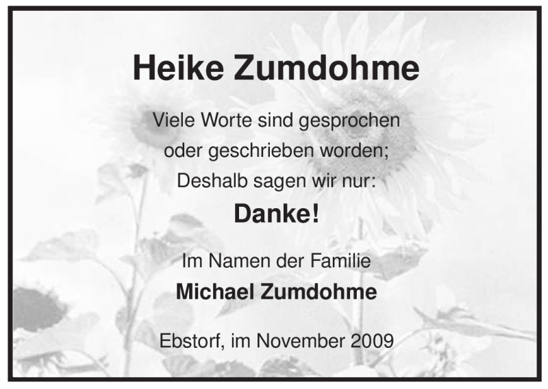  Traueranzeige für Heike Zumdohme vom 28.11.2009 aus ALLGEMEINE ZEITUNG UELZEN
