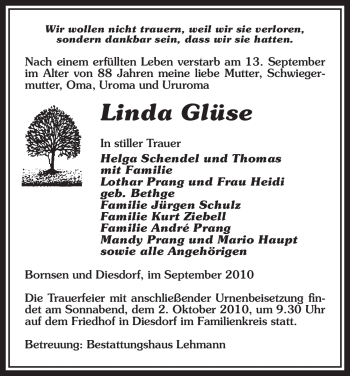 Traueranzeige von Linda Glüse von ALLGEMEINE ZEITUNG UELZEN